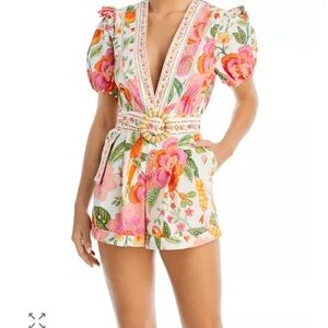 Floral V-Neck Romper with Puff Sleeves